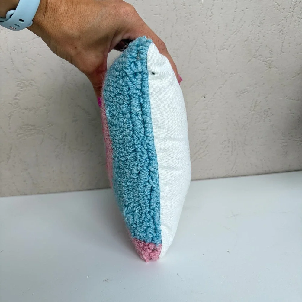 Handmade Punch Needle Flamingo Small Decorative Throw Pillow Pink Blue 7x7